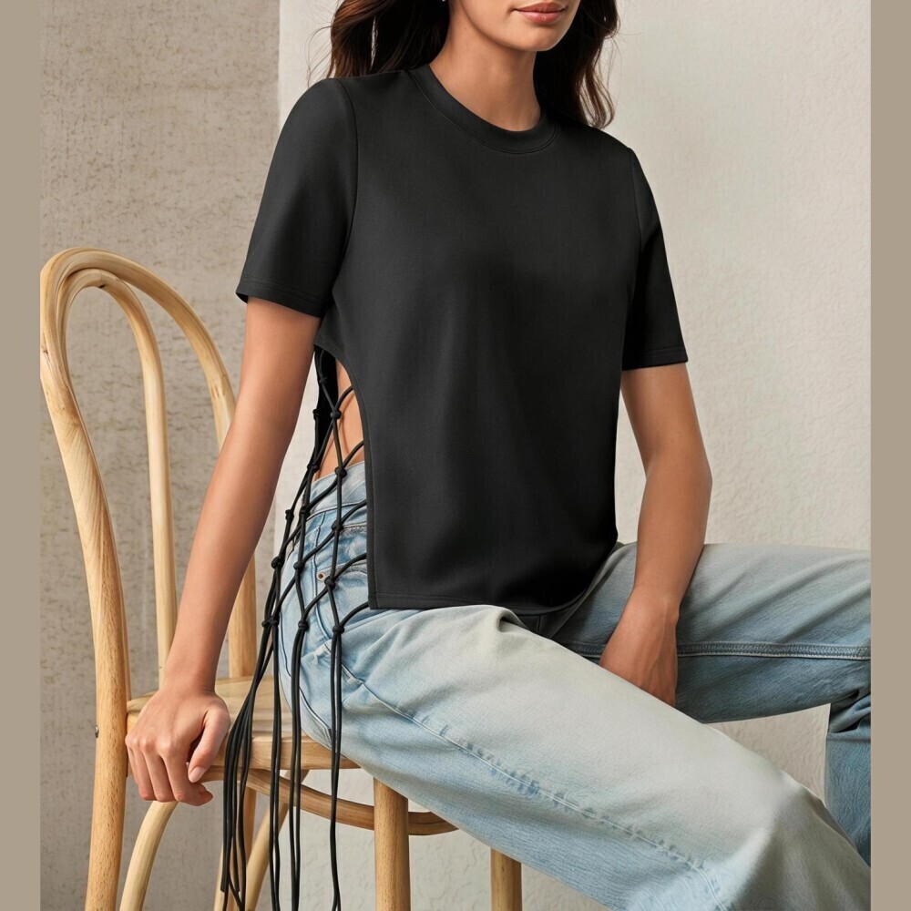 Black Lace Up Side Cutout Net Macrame Fringe Short Sleeve Knit Tee